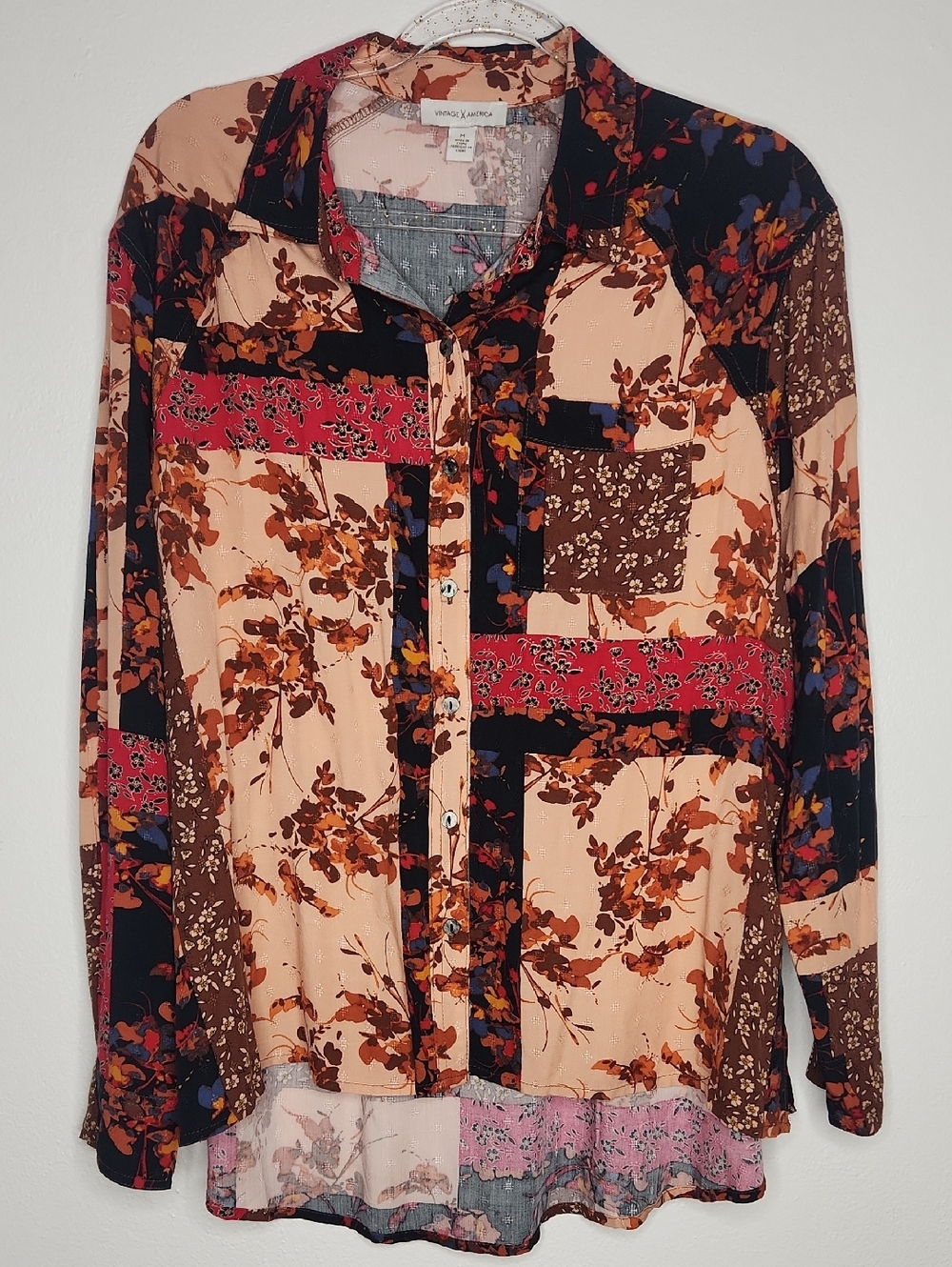 Vintage America Cottagecore Western Boho Mixed Floral Earthtone Patchwork Shirt